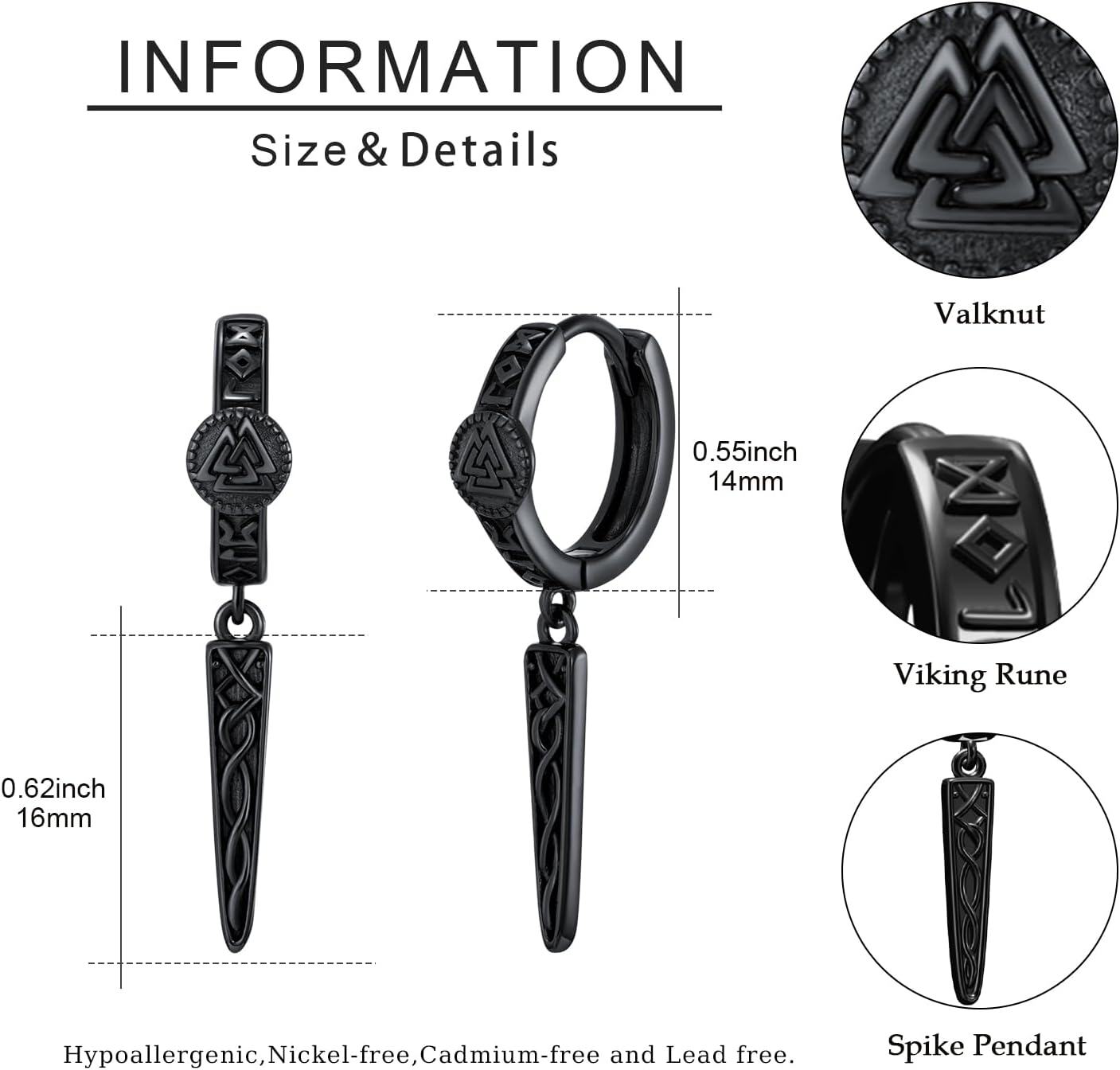 Sterling Silver Gothic Punk Black Viking Runes Wolf Head Valknut Drop Dangle Earrings-0-2