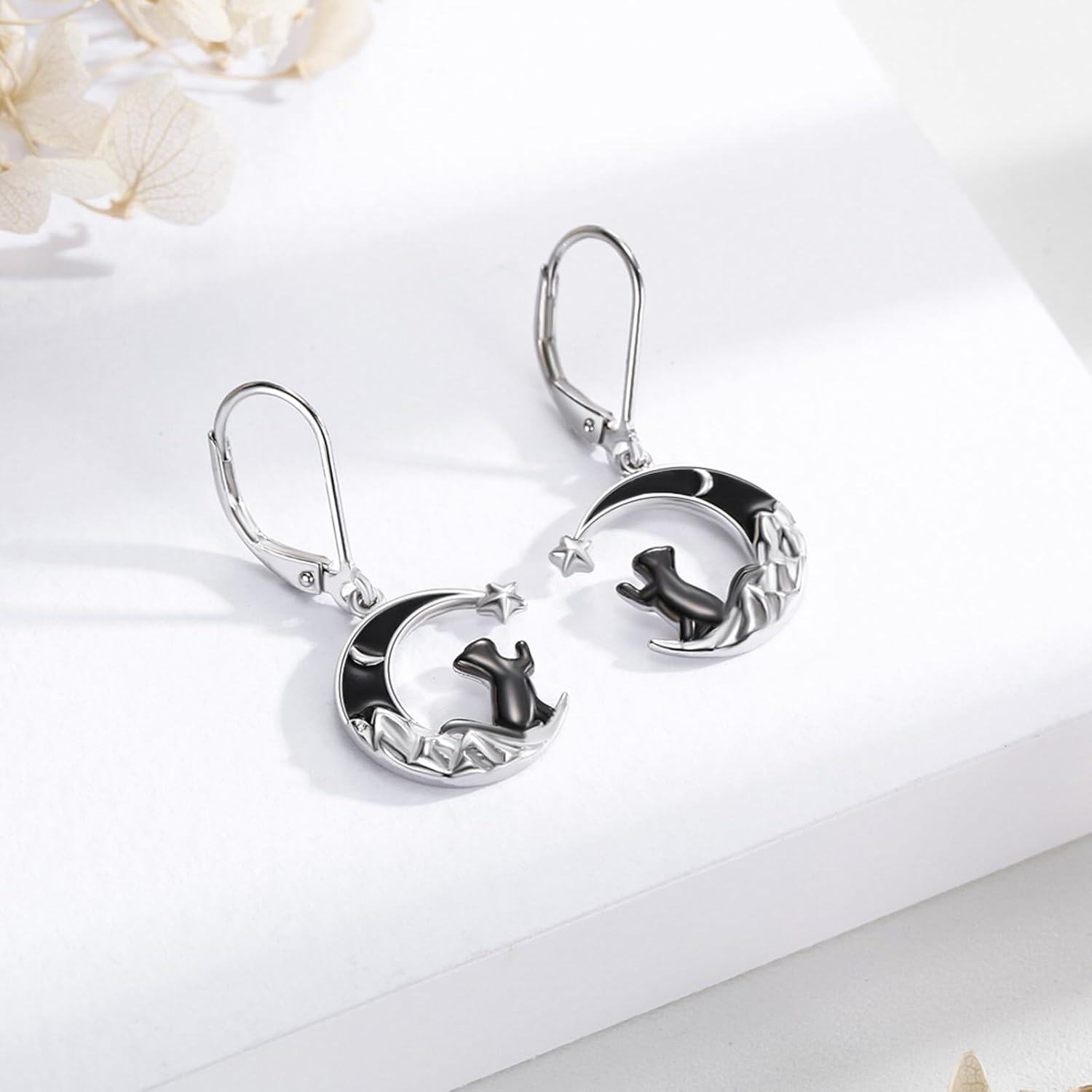 Sterling Silver Moon Black Cat Dangle Earrings for Women-0-2