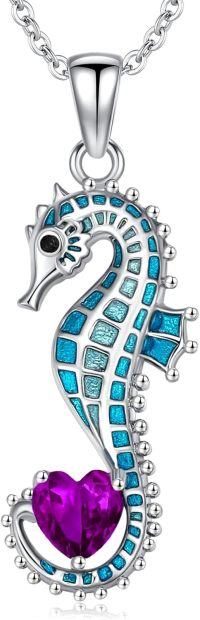 wholesale 925 Sterling Silver Birthstone Blue Seahorse Heart Pendant Necklace-February