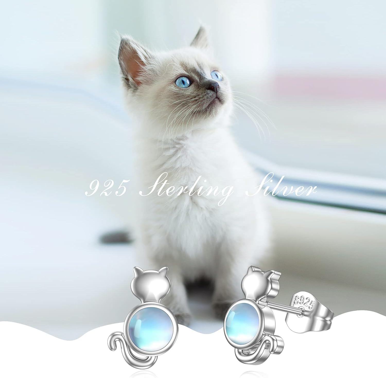 wholesale 925 Sterling Silver Round Blue Opal Cat Stud Earrings-0-4