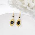 wholesale 925 Sterling Silver Black Oval Stone Drop Earrings with Gold Plated Frame and Beads-0-1