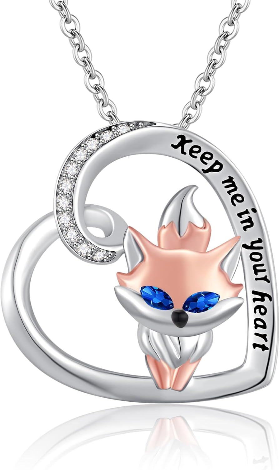Sterling Silver Black Cat Fox Owl Panda Butterfly Cat Dog Paw Mushroom Pendant Necklace-Heart Fox