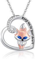 wholesale 925 Sterling Silver Heart Fox Pendant Necklace with Blue Eyes and Engraved Message Keep me in your heart-0-0