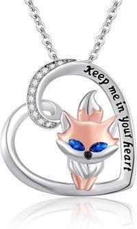 wholesale 925 Sterling Silver Heart Fox Pendant Necklace with Blue Eyes and Engraved Message Keep me in your heart-Heart Fox