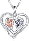 wholesale 925 Sterling Silver Double Heart with Pink Flower and Clear Crystal Pendant Necklace s for Women-0-0