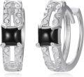 wholesale 925 Sterling Silver Square Black Onyx Double Twist Sleeper Hoop Earrings-0-0