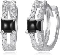 wholesale 925 Sterling Silver Square Black Onyx Double Twist Sleeper Hoop Earrings-White Gold