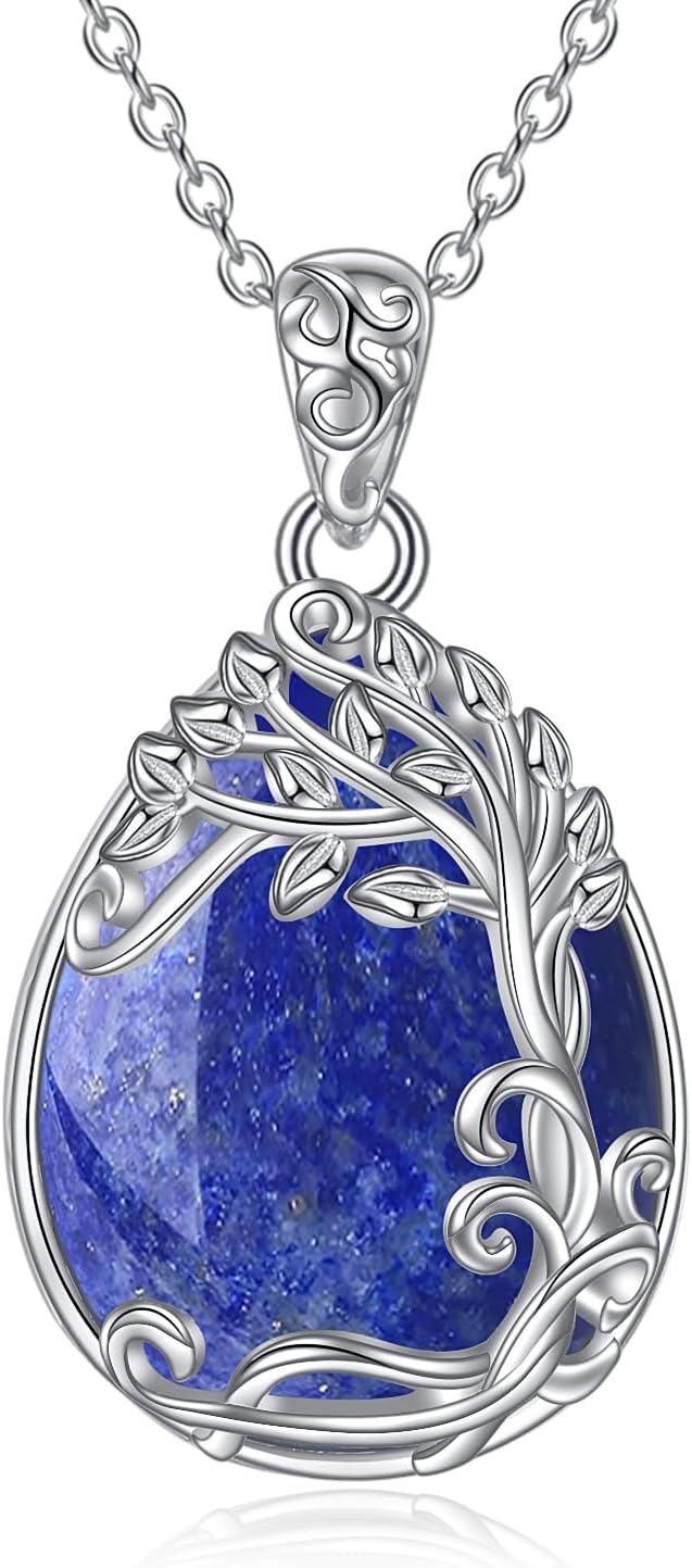 Sterling Silver Moonstone Filigree Teardrop Pendant Necklace for Women-GG-Tree of Life Lapis Lazuli