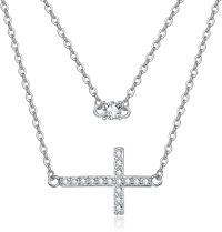 wholesale 925 Sterling Silver Sideways Faith Cross CZ Layered Pendant Necklace for Women Girls Christian s 43cm Chain Length-Side Cross