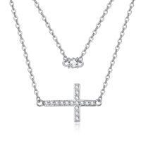 wholesale 925 Sterling Silver Sideways Faith Cross CZ Layered Pendant Necklace for Women Girls Christian s 43cm Chain Length-Side Cross