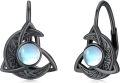 wholesale 925 Sterling Silver Celtic Moon & Triquetra Stud Earrings w/ Rainbow Moonglow Stone - Vintage Good Luck  for Her-0-0