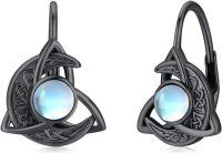 wholesale 925 Sterling Silver Celtic Moon & Triquetra Stud Earrings w/ Rainbow Moonglow Stone - Vintage Good Luck  for Her-Q-Black Hoop Celtic