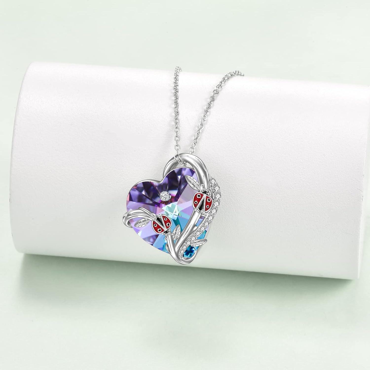 Sterling Silver Heart Crystal Necklace with Butterfly Dragonfly Bee Ladybug Spider Glowworm Jewelry for Women-0-4