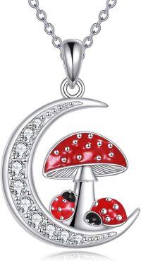 wholesale 925 Sterling Silver Red Enamel Ladybug & Mushroom Crescent Moon CZ Pendant Necklace for Women Girls Gifts-Mushroom Ladybug