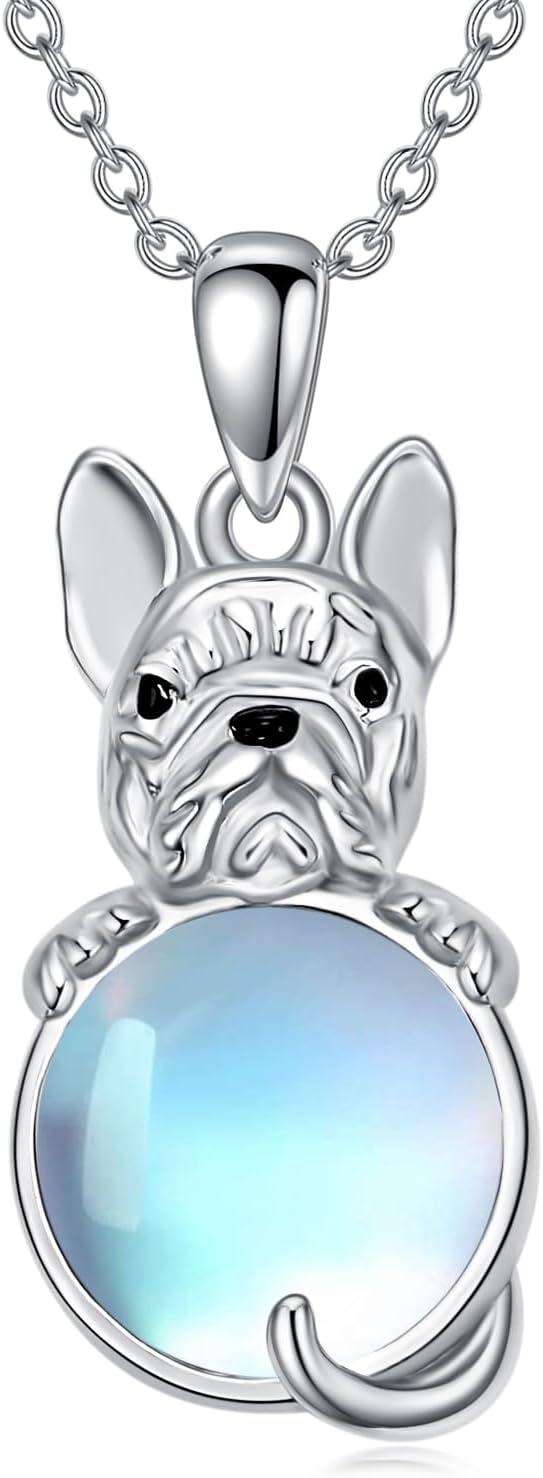 Sterling Silver Moonstone Dog Necklace for Women Memorial Jewelry Gift-Bulldog