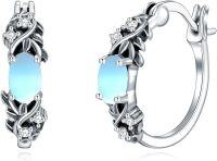 wholesale  Sterling Silver Moonstone Retro Sunflower Rose Feather Cross Butterfly Hoop Earrings for Women Gifts -Leaf