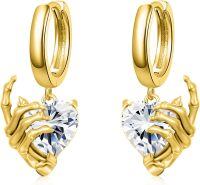 wholesale Sterling Silver Skeleton Hand Skull Hoop Earrings Halloween Gothic Jewelry Gifts-Yellow Gold Plated and White