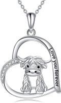wholesale 925 Sterling Silver Highland Cow Heart Pendant Necklace, Hypoallergenic Lead & Nickel Free, Cute Animal Jewelry Gift for Women-0-0