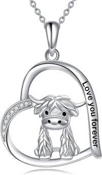 wholesale 925 Sterling Silver Highland Cow Heart Pendant Necklace, Hypoallergenic Lead & Nickel Free, Cute Animal Jewelry Gift for Women-silver