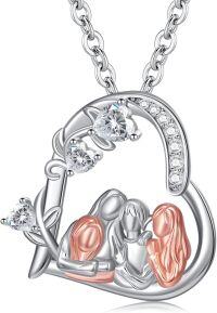wholesale 925 Sterling Silver Heart-Shaped Angel Family Necklace with Rose Gold Accents and Cubic Zirconia Stones for Women-Heart-4 Sisters