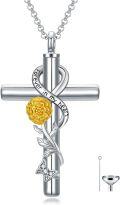 wholesale 925 Sterling Silver Cross with Yellow Rose and Forever in my heart Inscription - 12 Month Birth Flower Cremation Urn Necklace for Ashes Keepsake Pendant-0-0