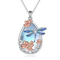 wholesale 925 Sterling Silver Blue Moonstone Butterfly Pendant Necklace for Women-Dragonfly necklace flower