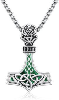 wholesale Sterling Silver Viking Necklace with Mjolnir Yggdrasil Wolf Deer Raven Dragon Pendant Norse Jewelry Gifts-A03 - Thors Hammer (Malachite)