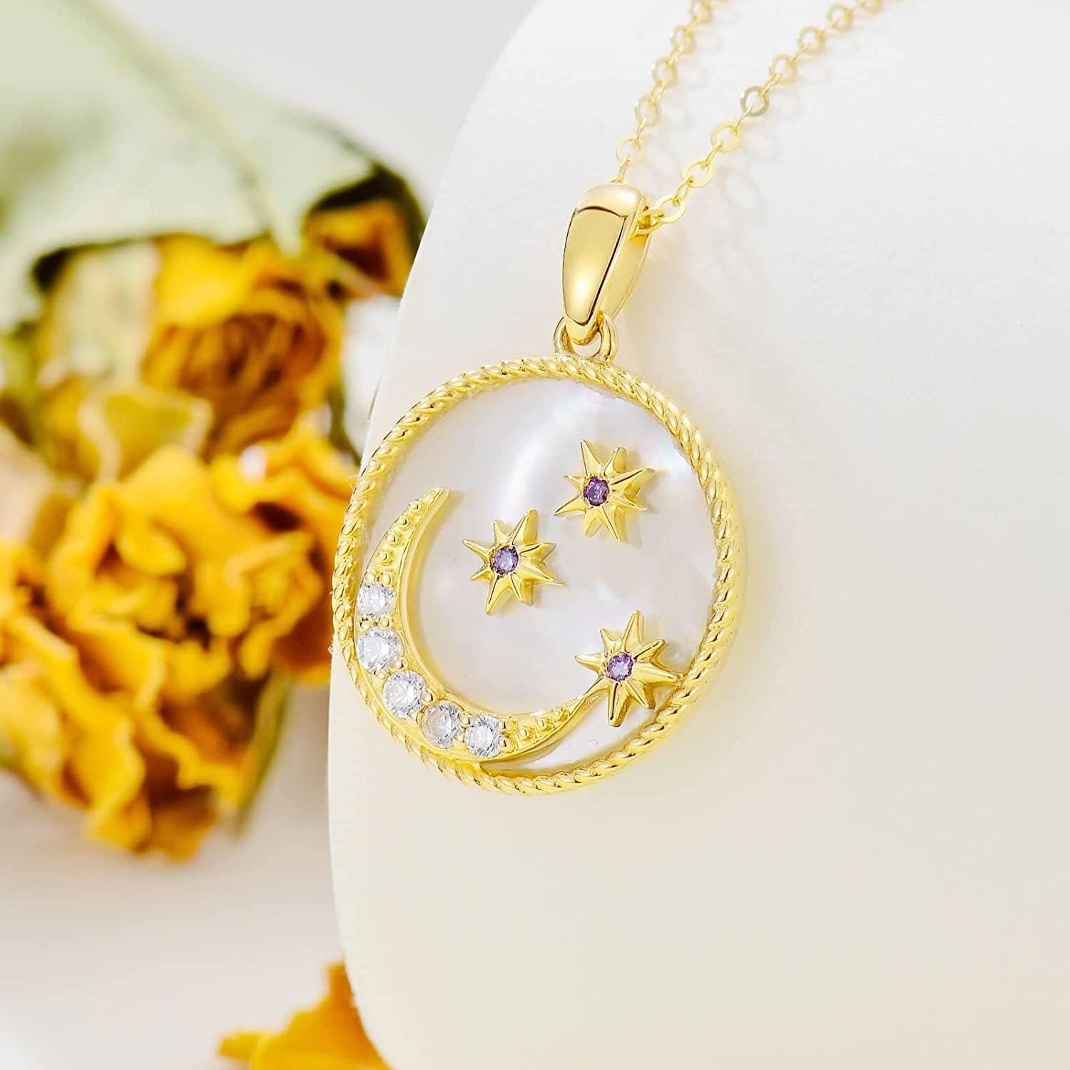 Yellow Gold 14K Moon Pendant Necklace for Women with Stone-0-3