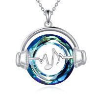 wholesale 925 Sterling Silver Blue Crystal Headphones Musical Note Triple Moon Goddess Pendant Necklace-Music Note