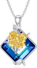 wholesale 925 Sterling Silver Blue Crystal Birth Flower Necklace with Gold Plated Flowers and Square Shape Pendant - Christmas Gift Ideas-0-0