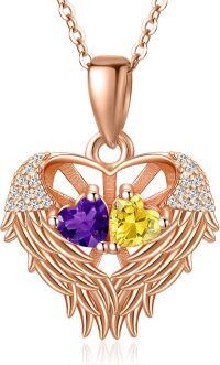 wholesale Sterling Silver 2 Birthstones Angel Wings Necklace for Women-02-11-Feb-Nov