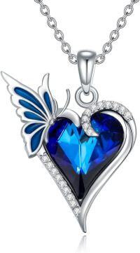 wholesale 925 Sterling Silver Blue Crystal Butterfly Pendant Necklace 26mm 18+2 Chain-Blue