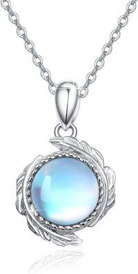 wholesale 925 Sterling Silver Round Rainbow Moonstone Leaf Pendant Necklace for Women-Moonstone