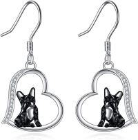 wholesale 925 Sterling Silver French Bulldog Heart-Shaped Drop Earrings for Pet Lovers-Dog