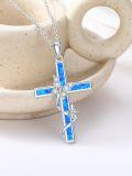 wholesale 925 Sterling Silver Cross with Blue Opal and CZ Butterflies Pendant Necklace for Women-0-4