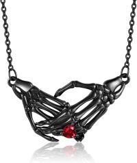 wholesale 925 Sterling Silver Skeleton Hand Red Stone Gothic Heart Pendant Necklace for Women-balck skull hand