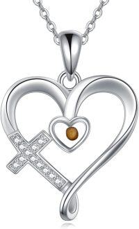 wholesale 925 Sterling Silver Heart Cross & Tiger Eye Stone Pendant Necklace for Women-09-Heart Mustard Seed Cross Necklace