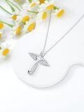 wholesale 925 Sterling Silver & 14k Gold Plated Angel Wing Cross Pendant with Moissanite Cubic Zirconias - 30mm x 67mm (Silver)-0-4
