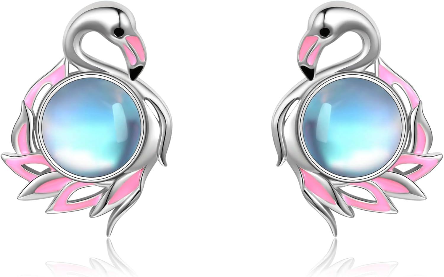 Sterling Silver Animal Earrings Horse Bee Llama Owl Jellyfish Parrot Bunny Duck Penguin Flamingo Paw Print Panda Dolphin Hummingbird for Mom-Flamingo Moonstone-Flamingo Moonstone
