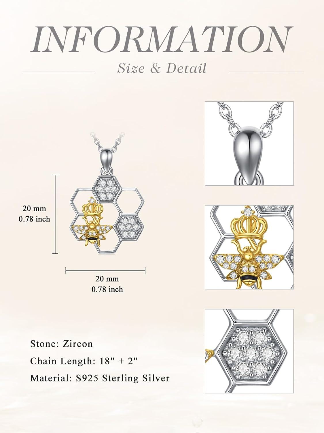Sterling Silver Honeycomb Crown Bee Ladybug Pendant Necklace for Her-0-4