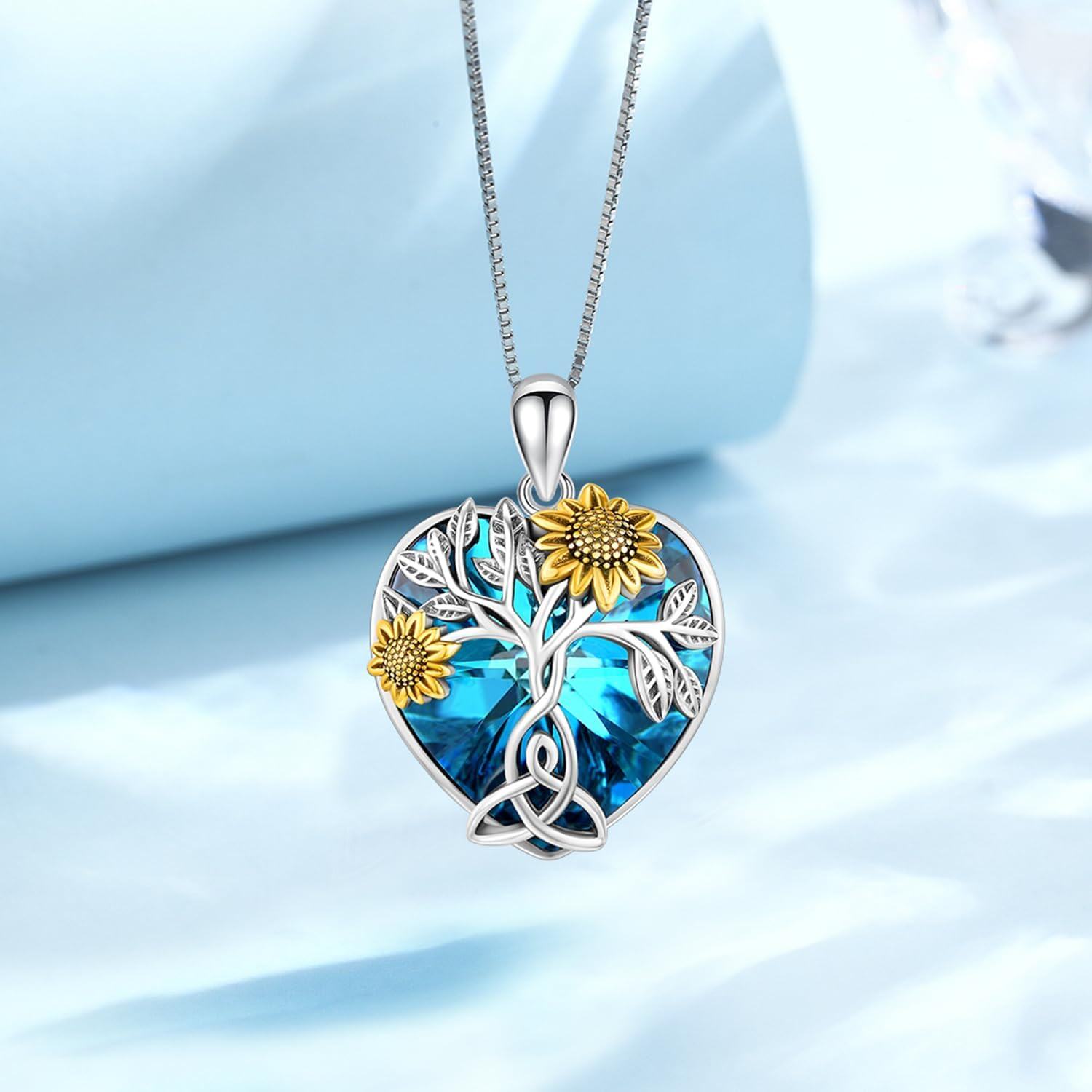 925 Sterling Silver Heart-Shaped Tree of Life Pendant Necklace with Blue Crystal and Gold Sunflowers-0-2