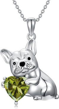 wholesale Metal Synthetic Stone French Bulldog Pendant Necklace for Women-August(Peridot)