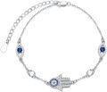 wholesale 925 Sterling Silver Hamsa Hand Blue Sapphire CZ Charm Bracelet 7 Length-0-0