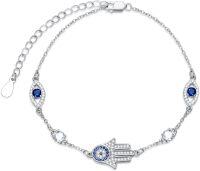 wholesale 925 Sterling Silver Hamsa Hand Blue Sapphire CZ Charm Bracelet 7 Length-Evil Eye