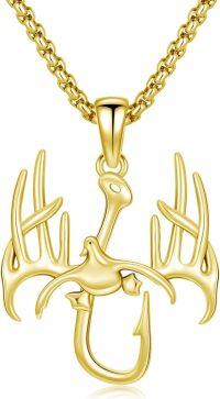 wholesale Gold 925 Sterling Silver Deer Antlers & Duck Fishing Hook Mens Chain Necklace 24-02-Gold Fish Hook Necklace