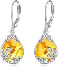 wholesale 925 Sterling Silver Citrine Crystal Gemstone Filigree Teardrop Dangle Leverback Earrings-Amber