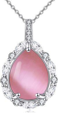 wholesale Sterling Silver Lapis Moonstone Moss Agate Larimar Onyx Cubic Zirconia Pendant Necklace-Pink Cat Eye