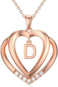 wholesale Sterling Silver Moissanite Heart Initial Pendant Necklace for Her-Rose Gold - D Inital