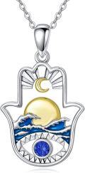 wholesale 925 Sterling Silver Blue Sapphire Moon & Sun Hamsa Pendant Necklace for Women Men Protection s-0-0