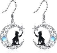 wholesale 925 Sterling Silver Moonstone Black Cat Star Drop Earrings for Women - Unique Gifts for Cat Lovers-Celtic Moon Cat